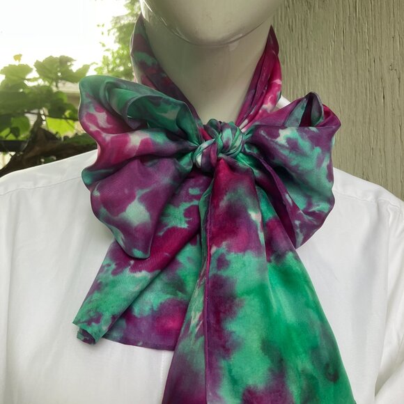 VTG 80s Silk Scarf Handpainted Pink and Green 54" X 10" Filmy Flowy Silk - Picture 7 of 10